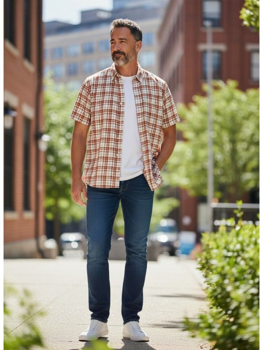 L.L. Bean Mens Short Sleeve Plaid Button-Up Shirt L Cotton Rust/White Casual Wea